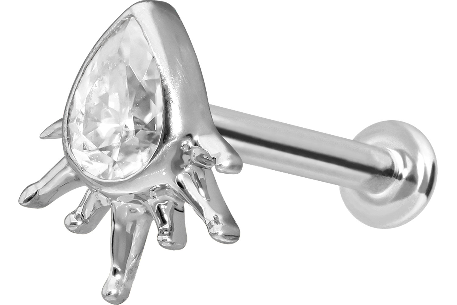 14 Karat Gold Labret Piercing mit Push Fit MOISSANIT-TROPFEN + SONNENSTRAHLEN